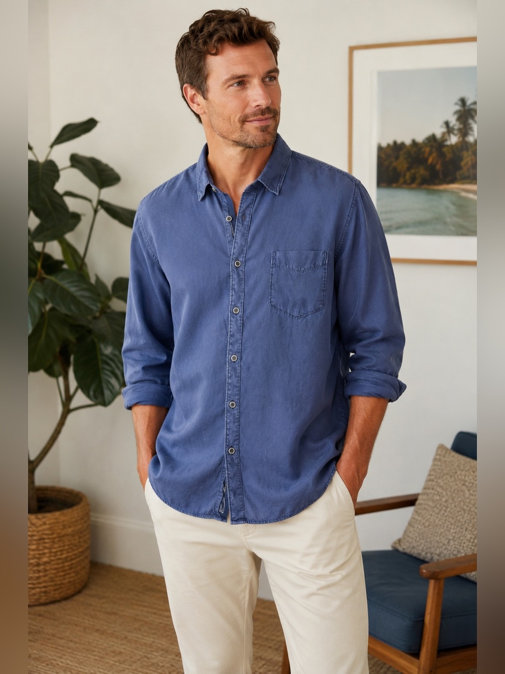 Tommy Bahama Blue Button Up Shirt XL Long Sleeve Tencel Cotton Casual